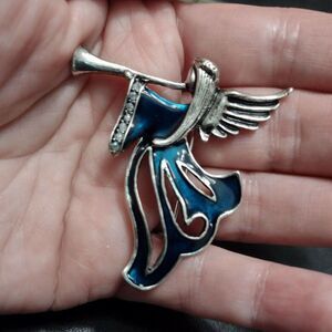 Vintage silver tone angel brooch blue iridescent